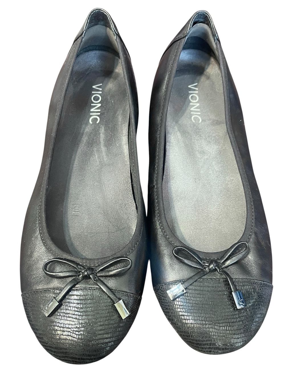 Vionic Minna Black Leather Ballet Flats with Bow Accent Polished Professional 10